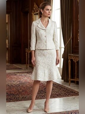 Formal set featuring a cropped jacket and a flared jacquard-style skirt/E160